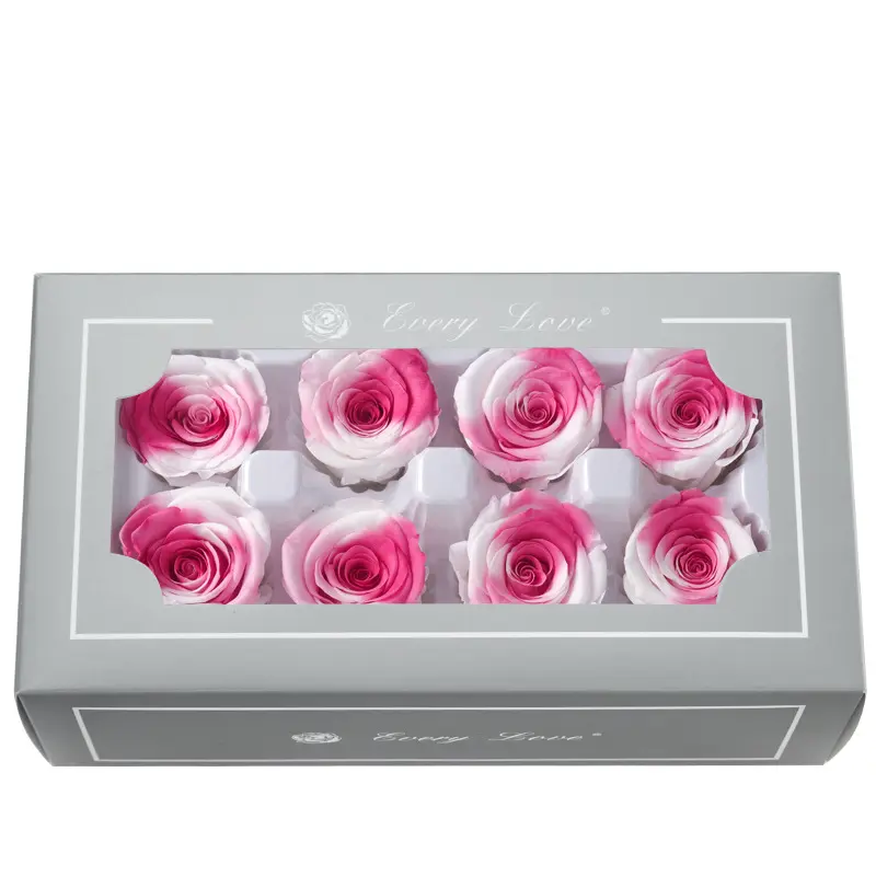 Grade A Preserved Flower Rainbow Color Gradient Rose Head 4-5cm 8 pcs