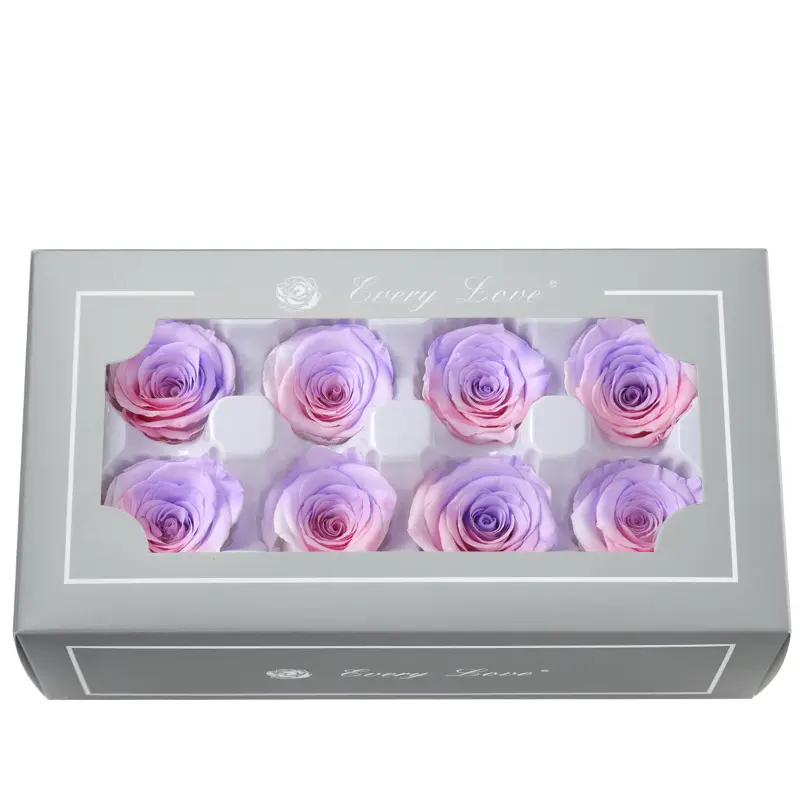 Grade A Preserved Flower Rainbow Color Gradient Rose Head 4-5cm 8 pcs