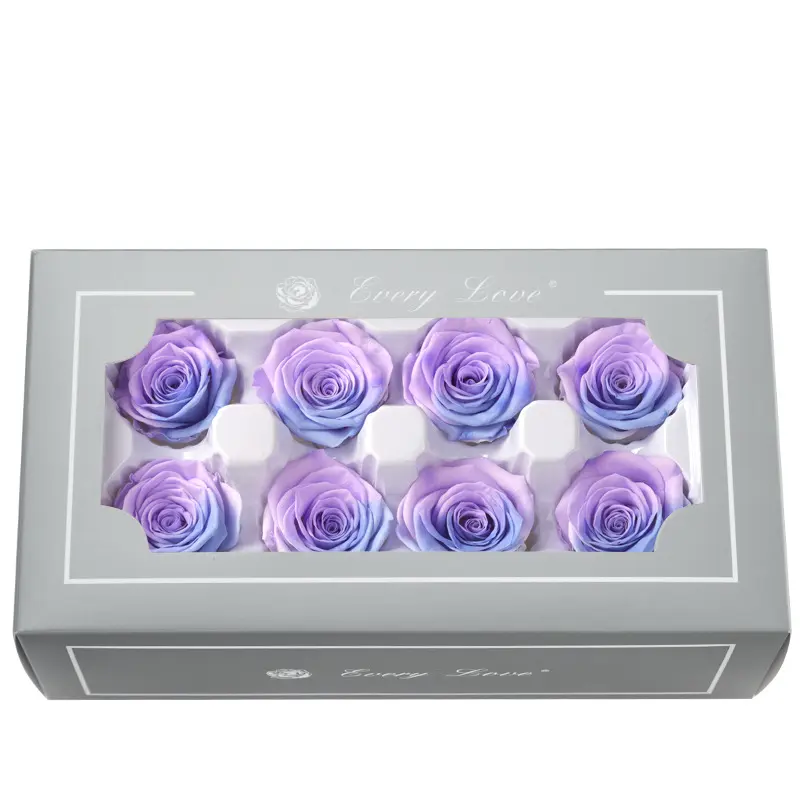 Grade A Preserved Flower Rainbow Color Gradient Rose Head 4-5cm 8 pcs