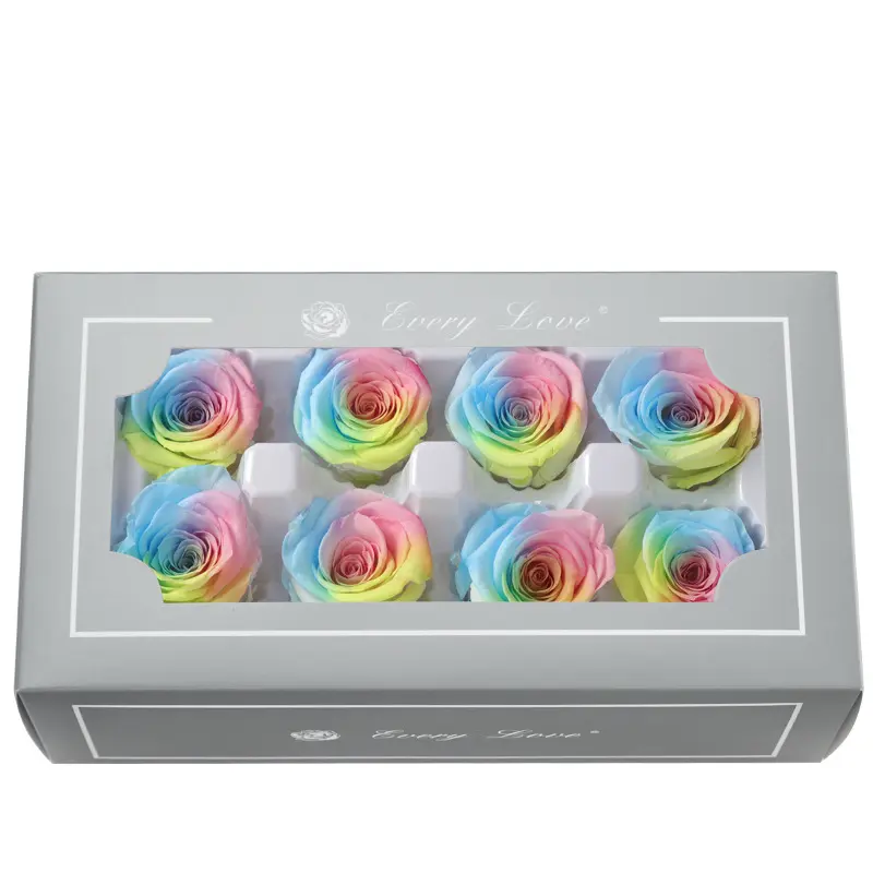 Grade A Preserved Flower Rainbow Color Gradient Rose Head 4-5cm 8 pcs