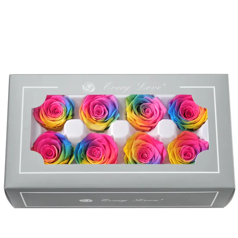 Grade A Preserved Flower Rainbow Color Gradient Rose Head 4-5cm 8 pcs